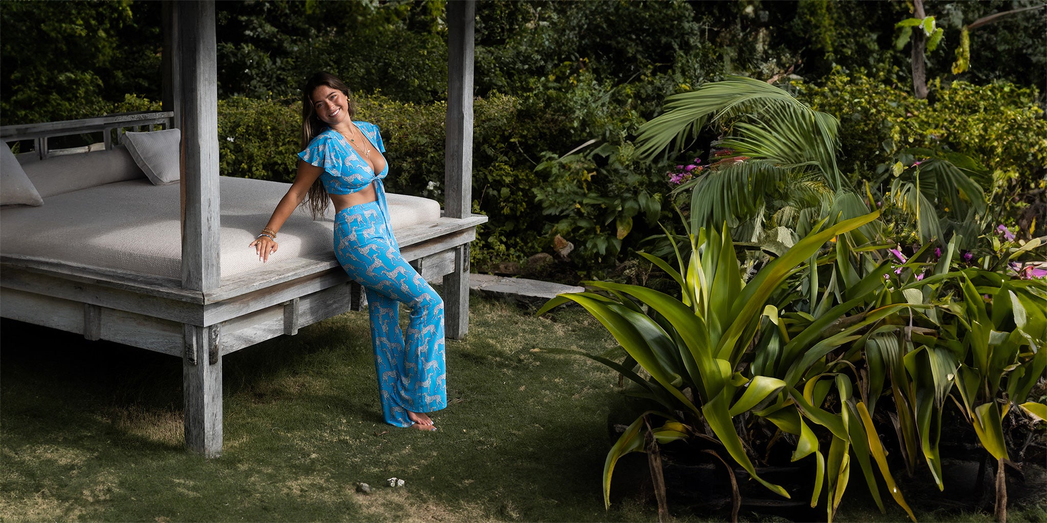 Pure silk palazzo pants, trousers and jumpsuits to dress up or down. Glide down the beach, or weave your way through a crowded room in island style.