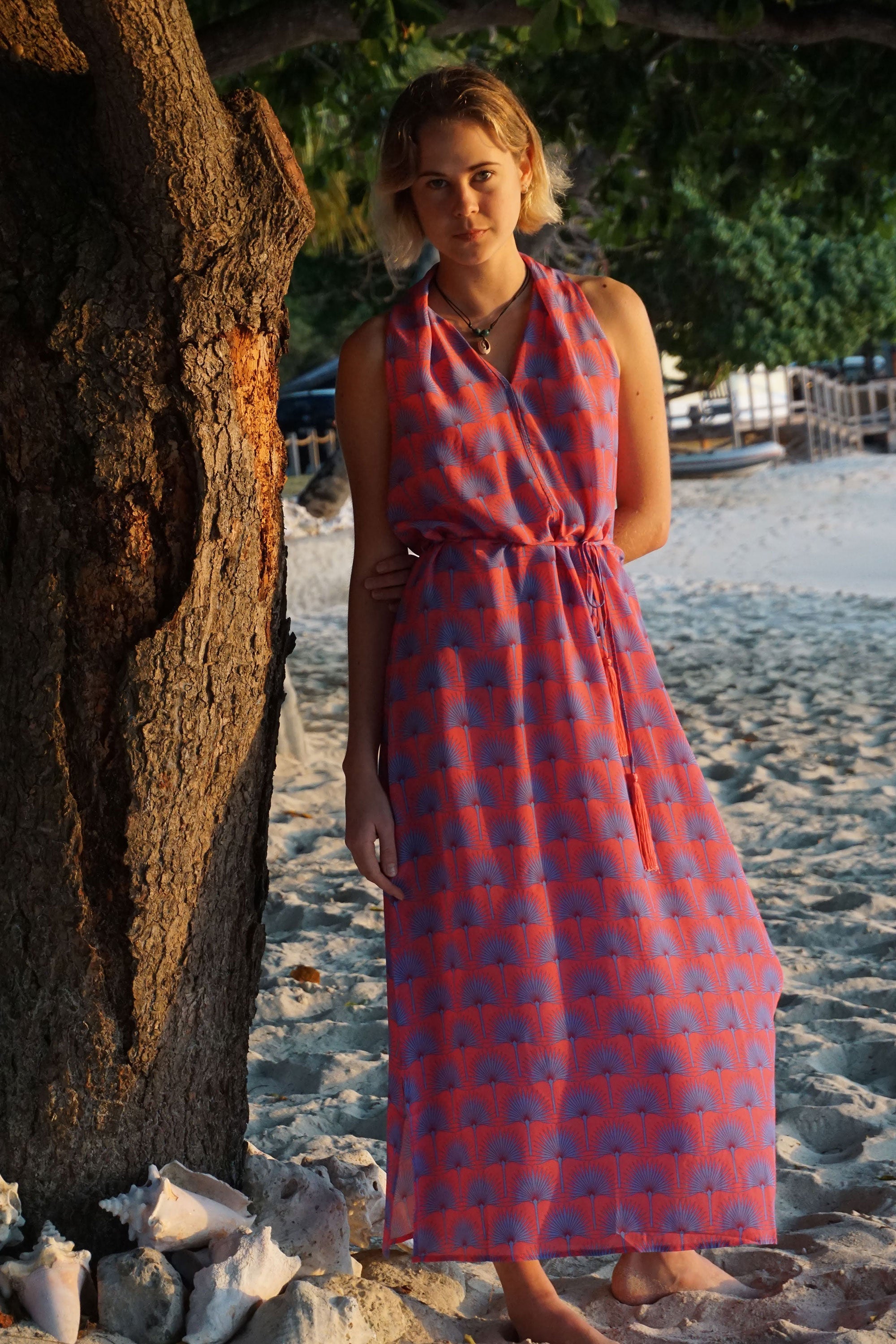 Lotty B 3/4 Halter Dress in Silk Crepe-de-Chine: SINGLE PALM REPEAT - PINK / BLUE vacation wear by Lotty B Mustique