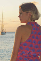 Lotty B 3/4 Halter Dress in Silk Crepe-de-Chine: SINGLE PALM REPEAT - PINK / BLUE designer Lotty B Mustique, Caribbean island style 