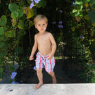 Boys swim trunks : PALM STRIPE - RED. Childrens swimwear Mustique Beach life