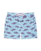 Boys recycled fabric turquoise blue swim shorts with Egret print by Lotty B