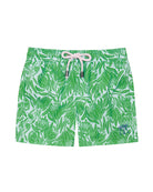 Kids recycled swim trunks in green Protea print