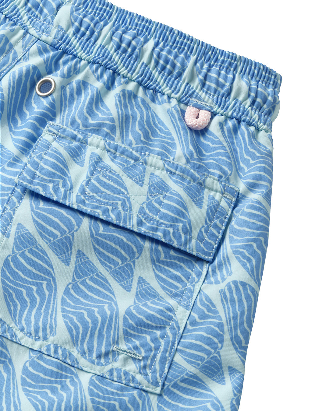 Boys swim shorts back pocket detail in blue Striped Shell print by designer Lotty B