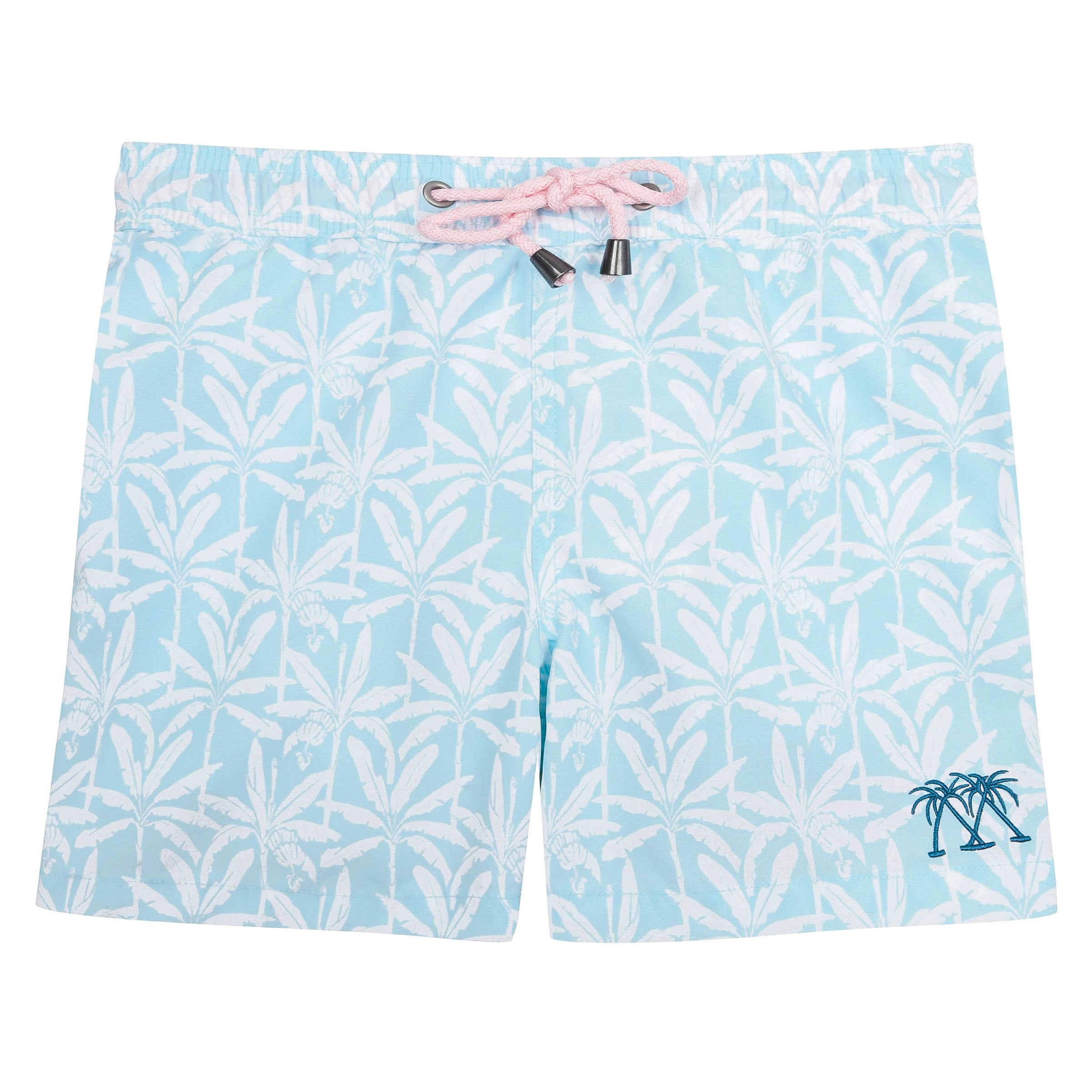 Boys swim trunks : BANANA TREE - PALE BLUE designer Lotty B for Pink House Mustique Caribbean Kids style