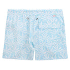 Boys swim trunks : BANANA TREE - PALE BLUE back detail, designer Lotty B for Pink House Mustique Caribbean Kids style