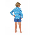 Boys swim trunks : REGATTA BLUE with fan palm blue linen shirt, back