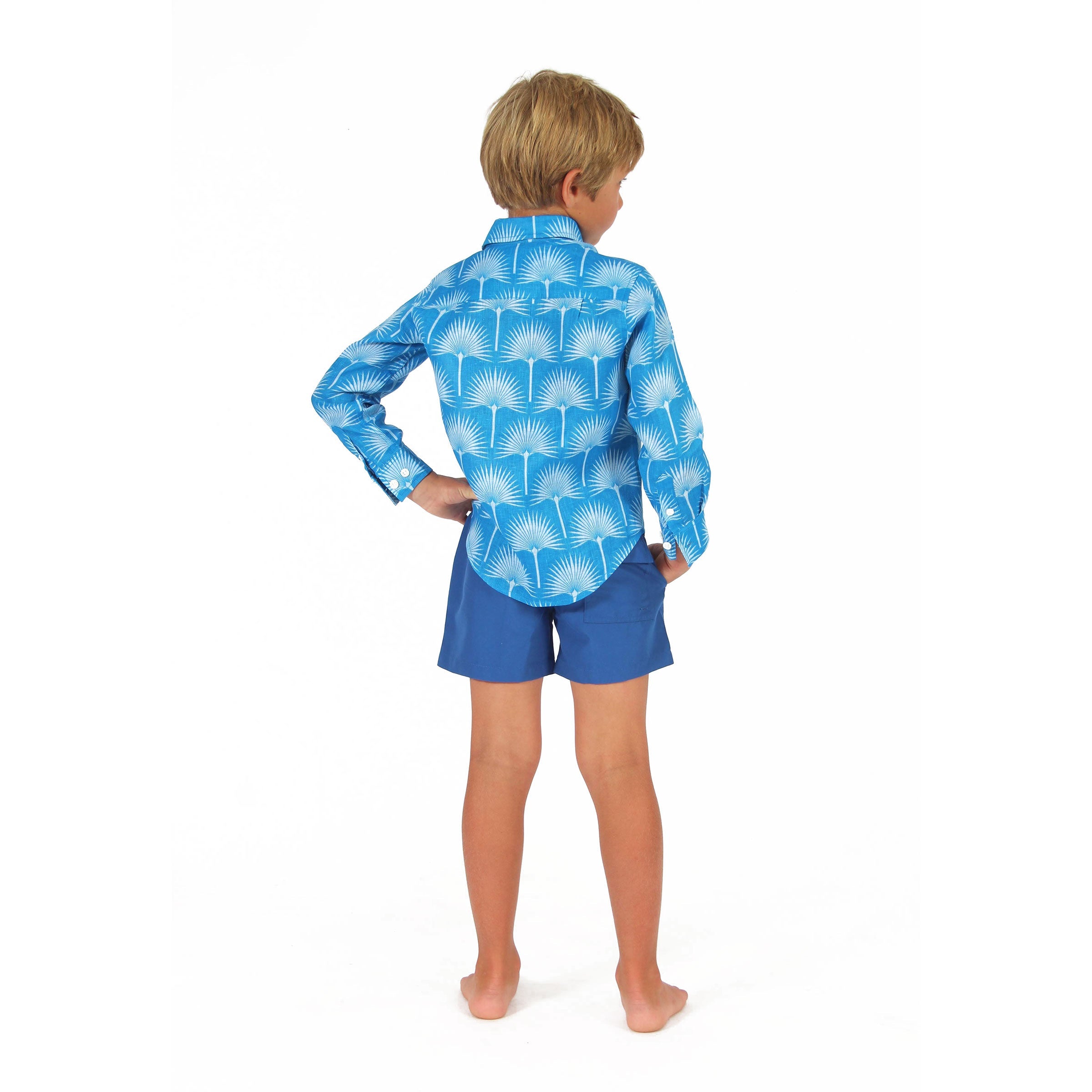 Boys swim trunks : REGATTA BLUE with fan palm blue linen shirt, back