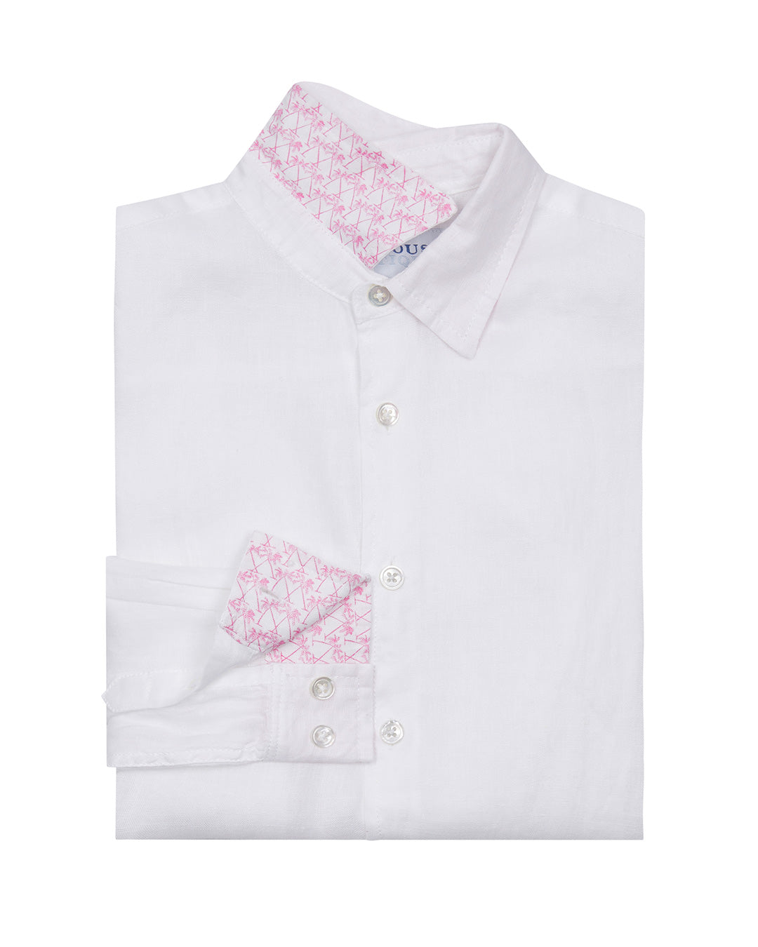 Children's classic pure white linen shirt with contrast print under collar & cuffs by designer Lotty B for The Pink House Mustique