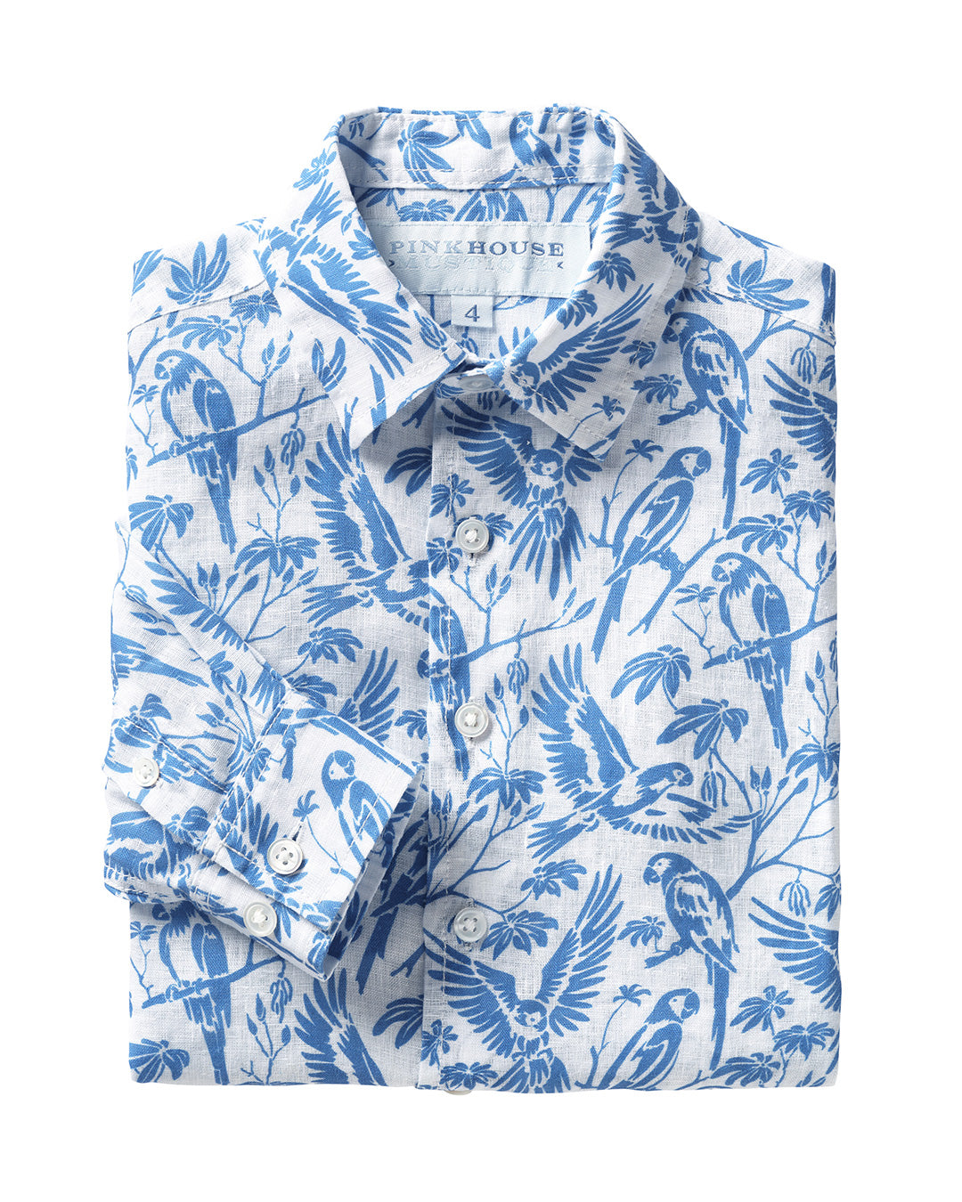 Children's linen shirt in blue Parrot print designer Lotty B Mustique