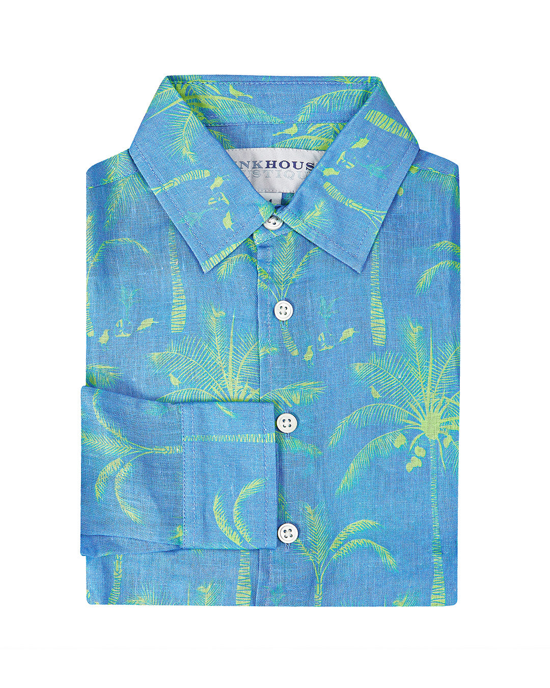 Kids tropical vacation shirt, green & blue palm tree print by Lotty B Mustique