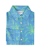 Kids tropical vacation shirt, green & blue palm tree print by Lotty B Mustique