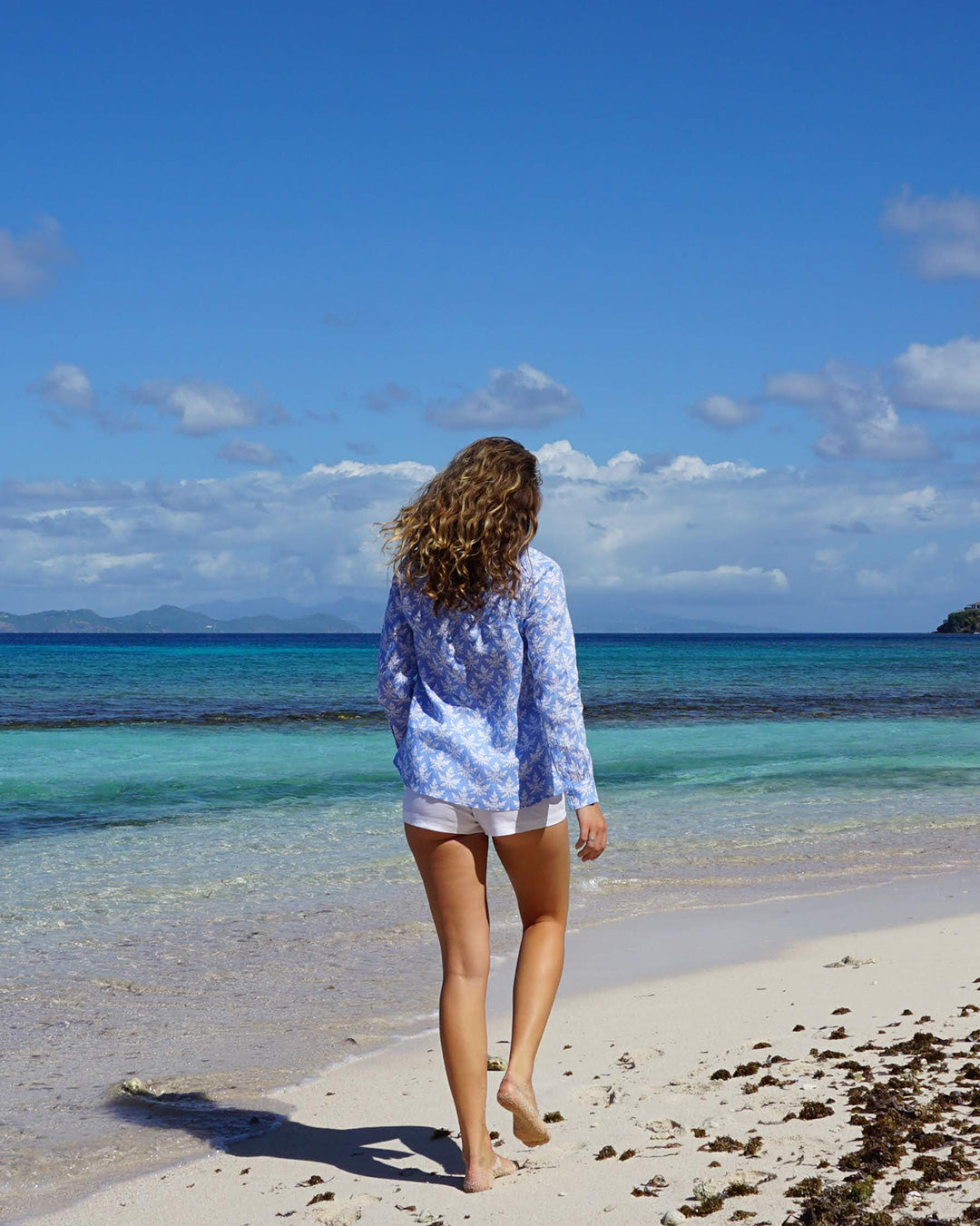 Womens Linen Blouse: PAPAYA - BLUE walks on the beach Mustique