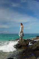 Jemima silk dress by Lotty B Black & white whale print halter dress monochrome style. Luxury holiday fashion