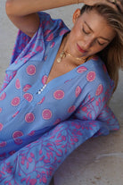 Luxury style silk kaftan in Lime Slice blue & pink print by Lotty B Mustique