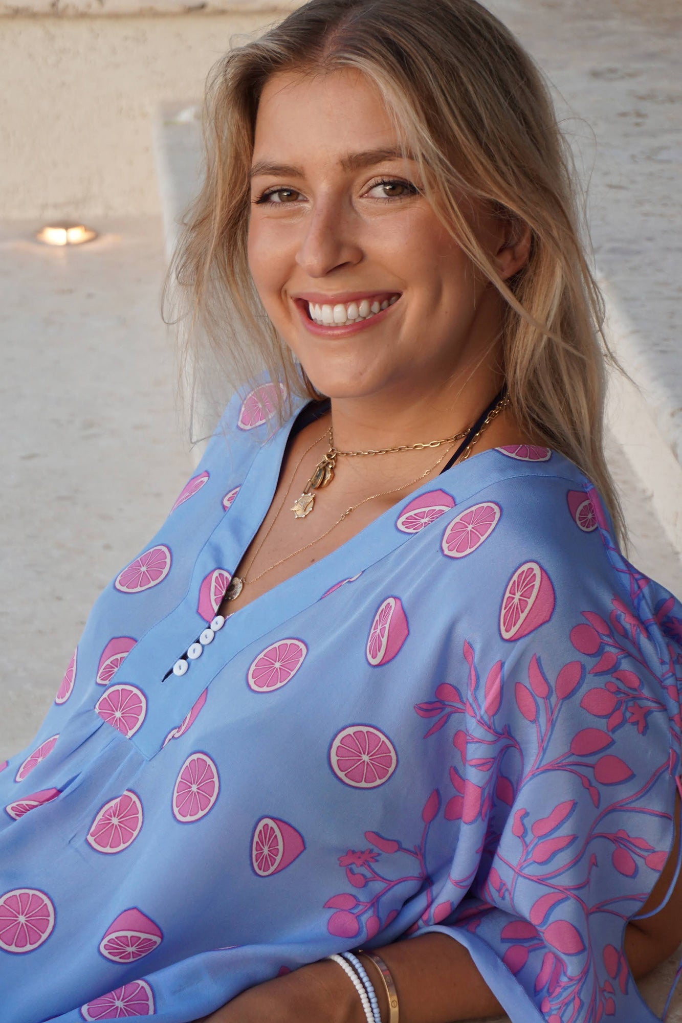 Luxury design silk kaftan in Lime Slice blue & pink print by Lotty B Mustique