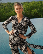 Mustique island vacation pure silk blouse in black and white Plantation print by designer Lotty B for Pink House