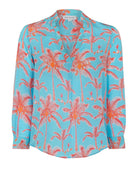 Womens silk Kim blouse in Plantation sunset orange and turquoise print by designer Lotty B for Pink House