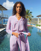 Womens villa vacation style pure silk Kim blouse in Lime Slice blue and pink print by designer Lotty B for Pink House