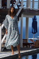 Luxury villa vacation style, pure silk kaftan in Whale monochrome print by designer Lotty B