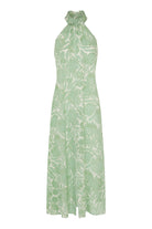 long silk halter neck Dena dress in green Protea print by Lotty B Mustique