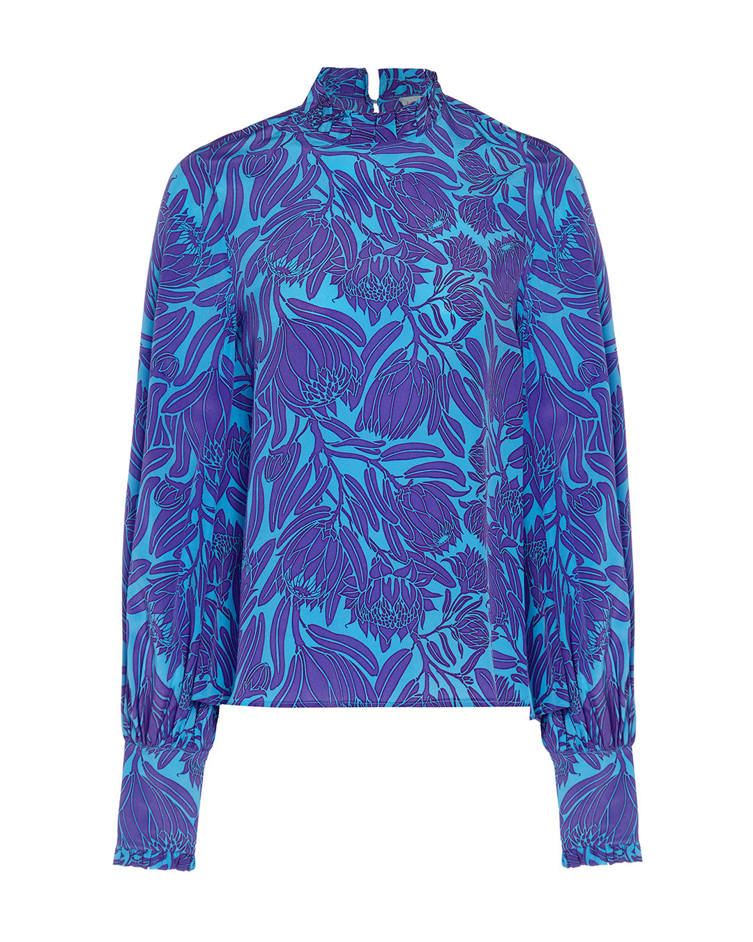 Silk crepe Kelly blouse in violet & turquoise protea flower print by Lotty B