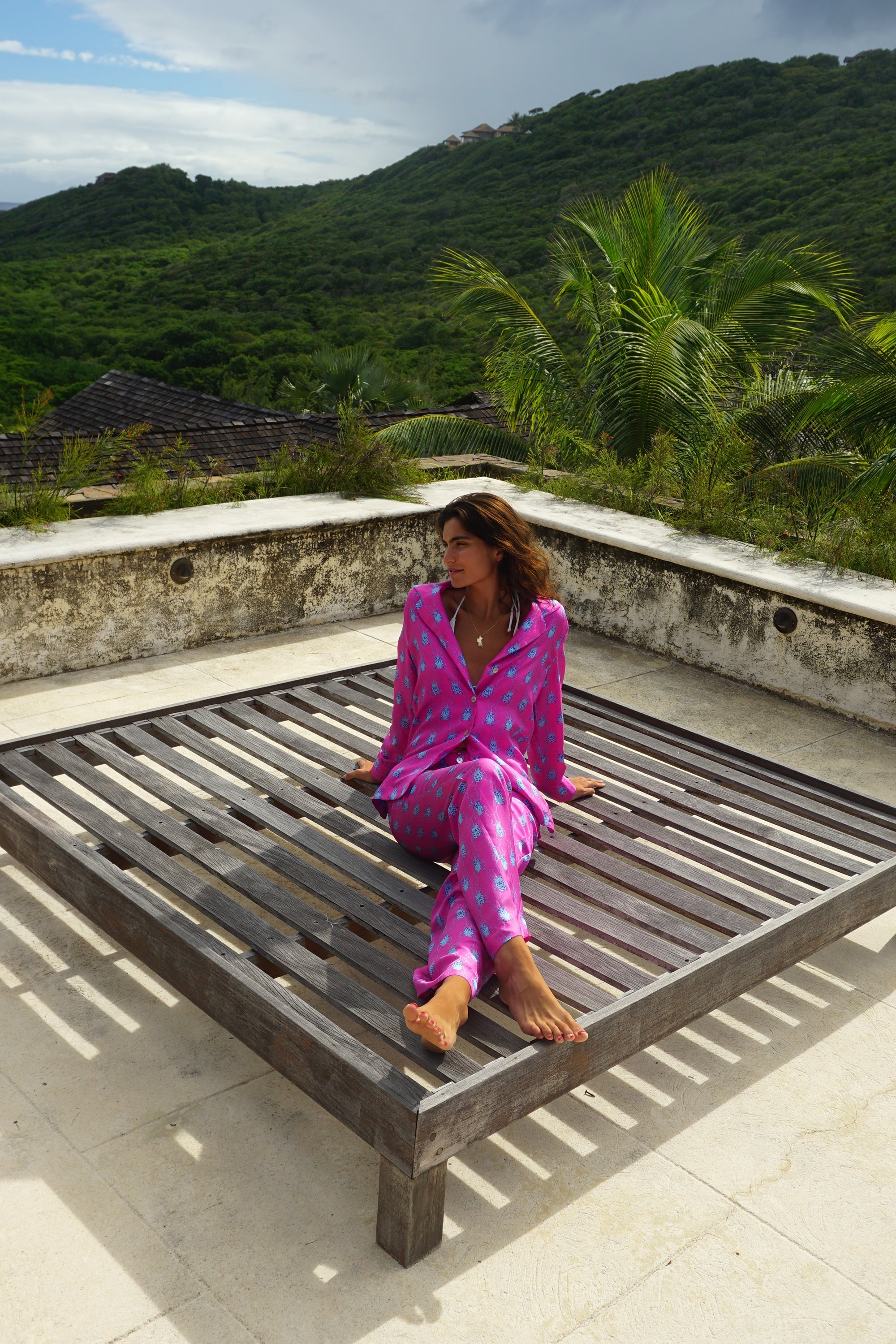 Limited edition 100% silk pyjamas made in England in vibrant blue and pink Beetle print exclusive resortwear by Lotty B Mustique