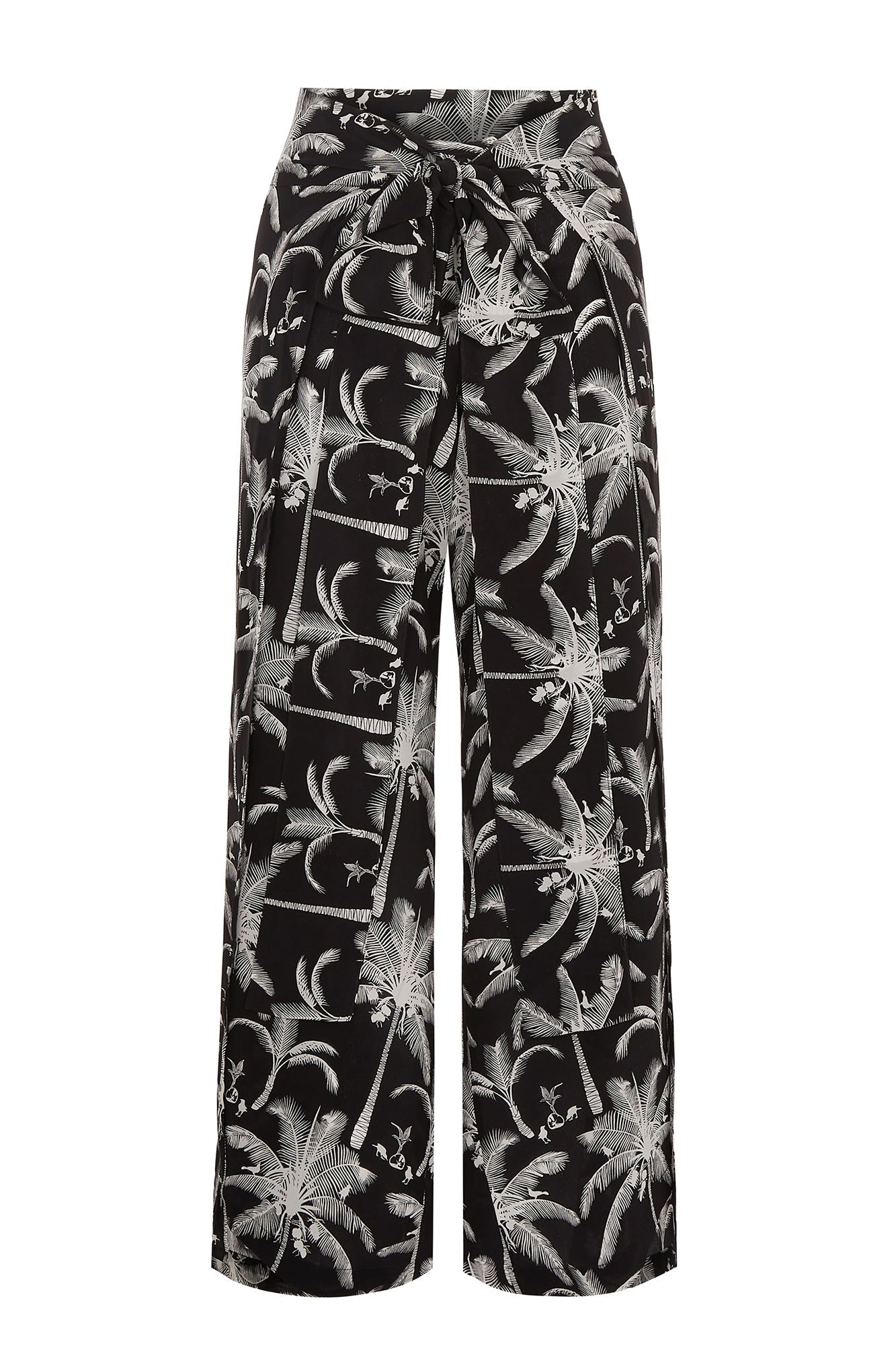 Resort wear silk cdc Gabija palazzo pants black and white plantation palm print by Lotty B Mustique