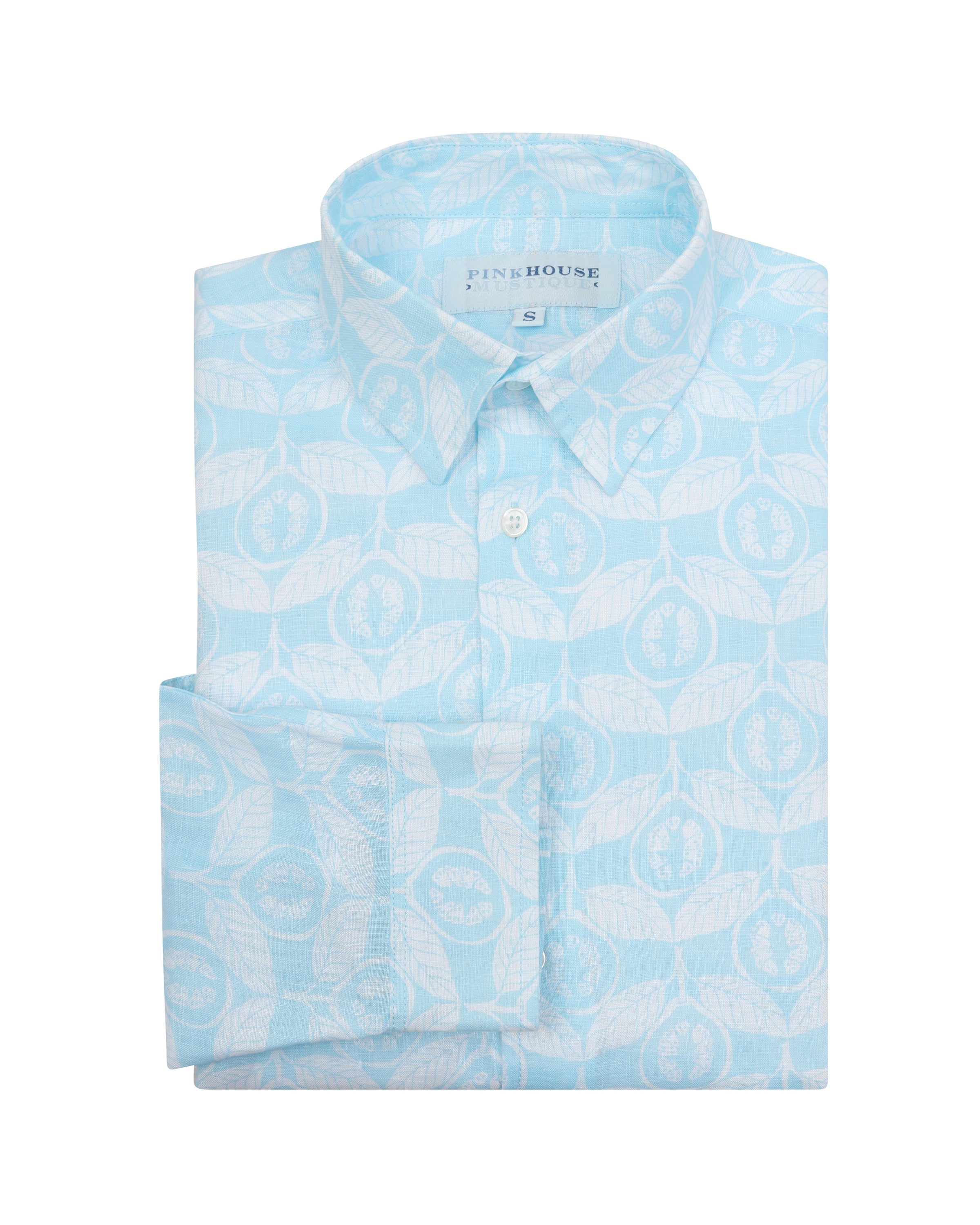 Linen shirt in Guava pale blue, designed by Lotty B Mustique Resort wear fashion