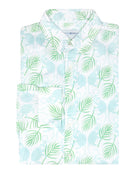 Mens linen shirt in Monkey & Palm pale blue & green print by designer Lotty B