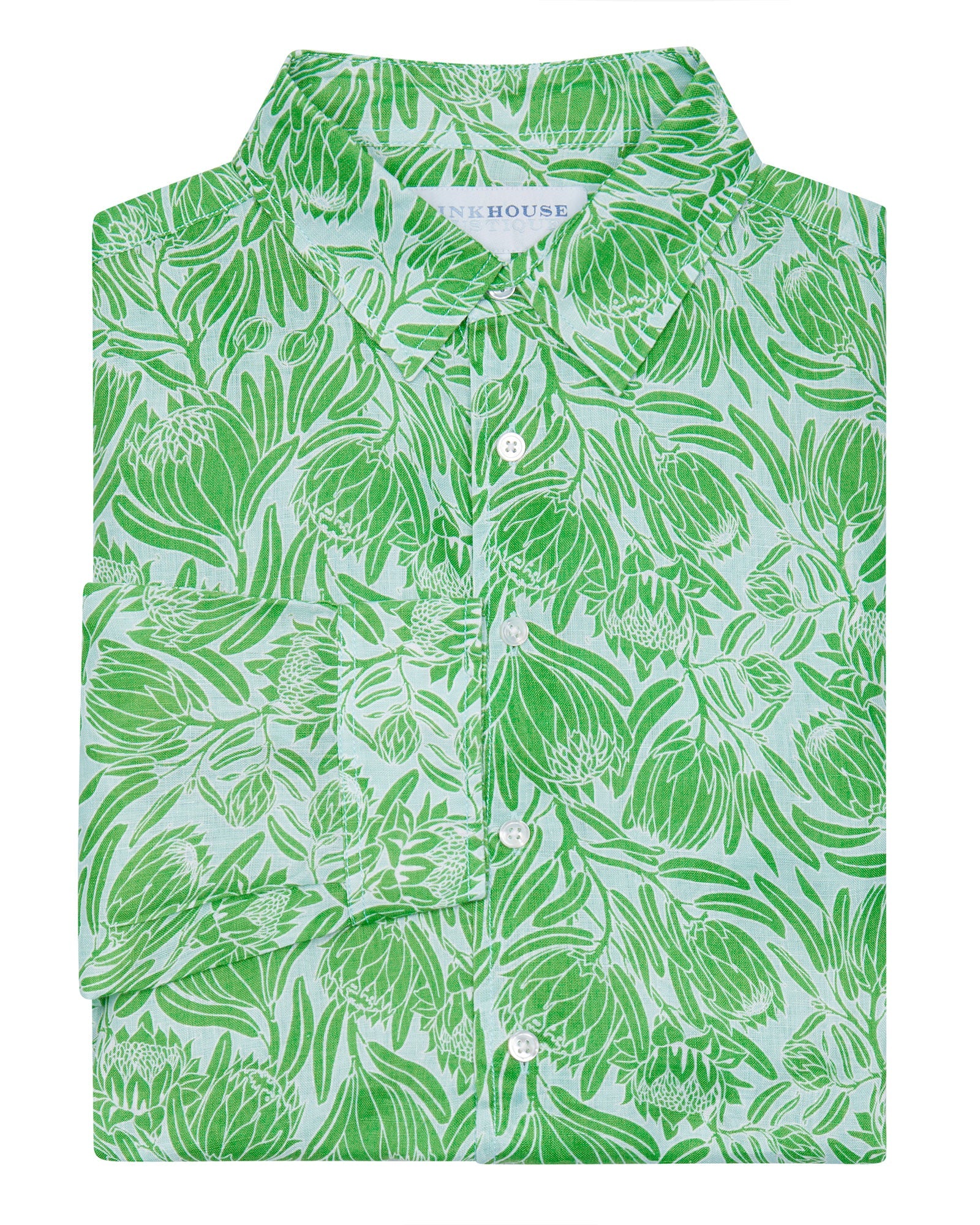 Men's linen shirt in green & pale blue Protea print by Lotty B for Pink House Mustique