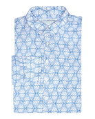 Mens linen shirt in Shelltop blue print by designer Lotty B