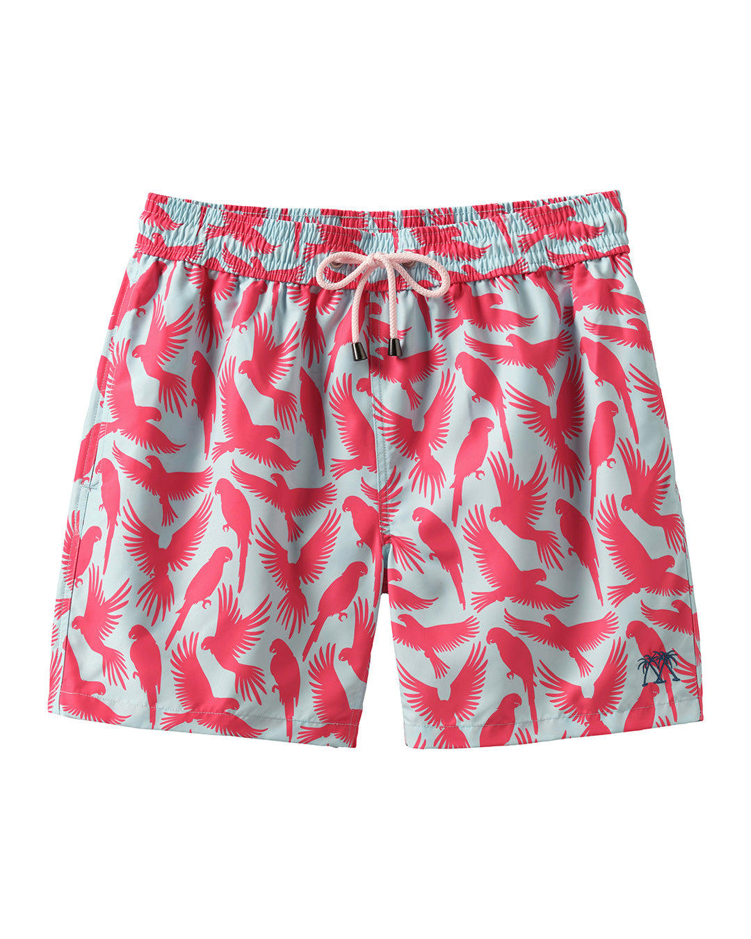 Men's swim shorts in coral and turquoise blue Parrot print, recycled fabric by Pink House 