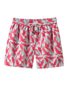 Men's swim shorts in coral and turquoise blue Parrot print, recycled fabric by Pink House 