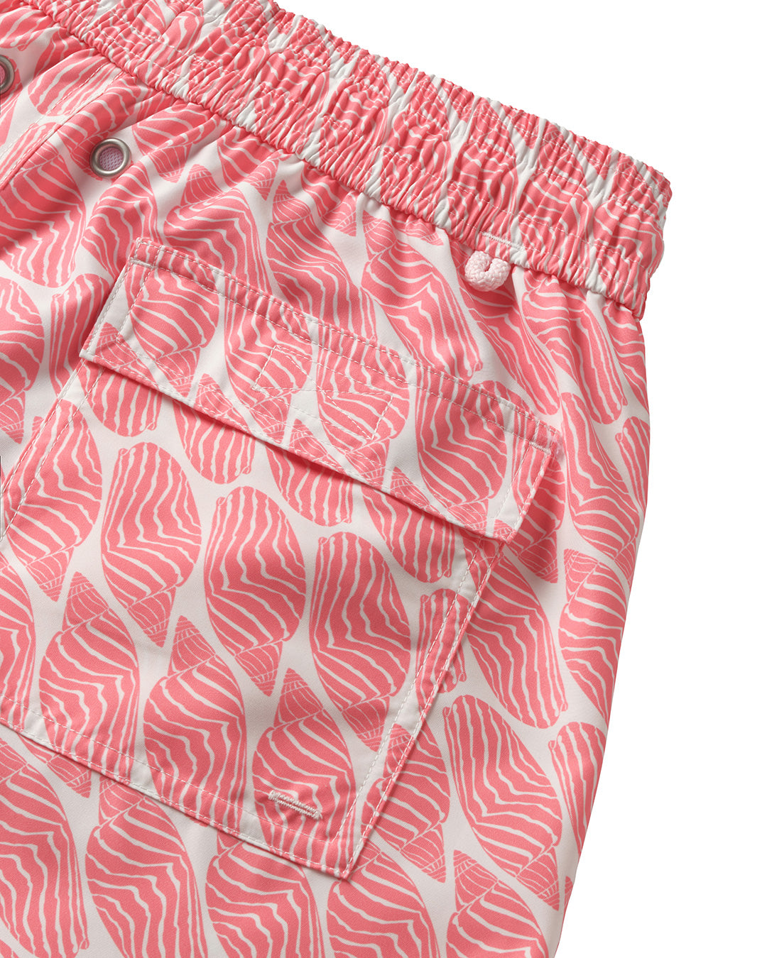 Back pocket detail of men's swim shorts in pink Striped Shell print, recycled fabric by Pink House 