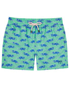 Sustainable Mens swim shorts in green & blue Egret bird print by Lotty B Mustique