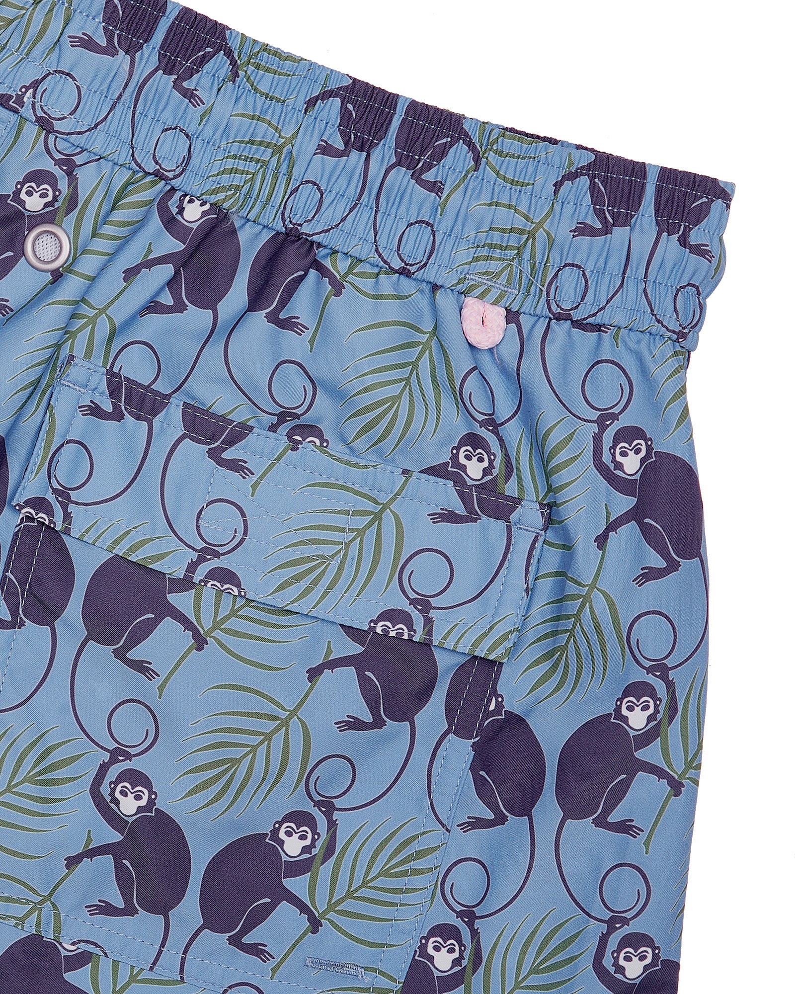 Mens swim shorts in navy blue and green Monkey and Palms print by Pink House