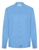 Long Sleeved Mens Collarless Linen Shirt : FRENCH BLUE. Designer Lotty B for Pink House Mustique