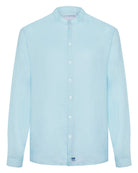 Long Sleeved Mens Grandad Linen Shirt : PALE BLUE. Designer Lotty B for Pink House Mustique. Exclusive Mens resort wear