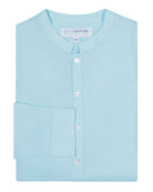 Folded Mens Collarless Linen Shirt : PALE BLUE. Designer Lotty B for Pink House Mustique. Exclusive Mens resort wear