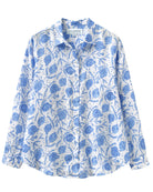 Women's linen shirt cover up in Pomegranate blue print by designer Lotty B