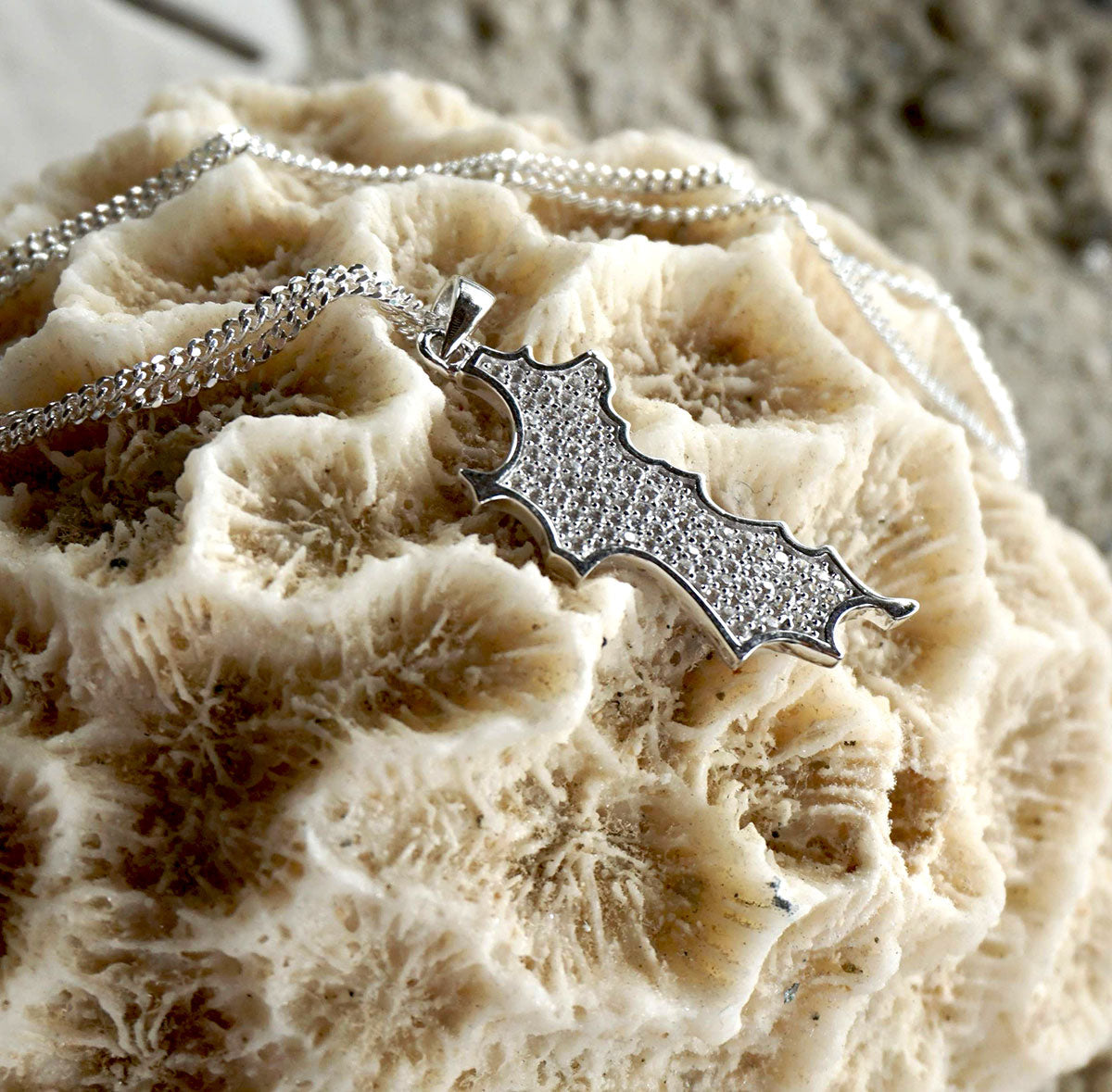 Silver Diamante Mustique Island Pendant - White Zirconium chrystals, Mustique beach life coral