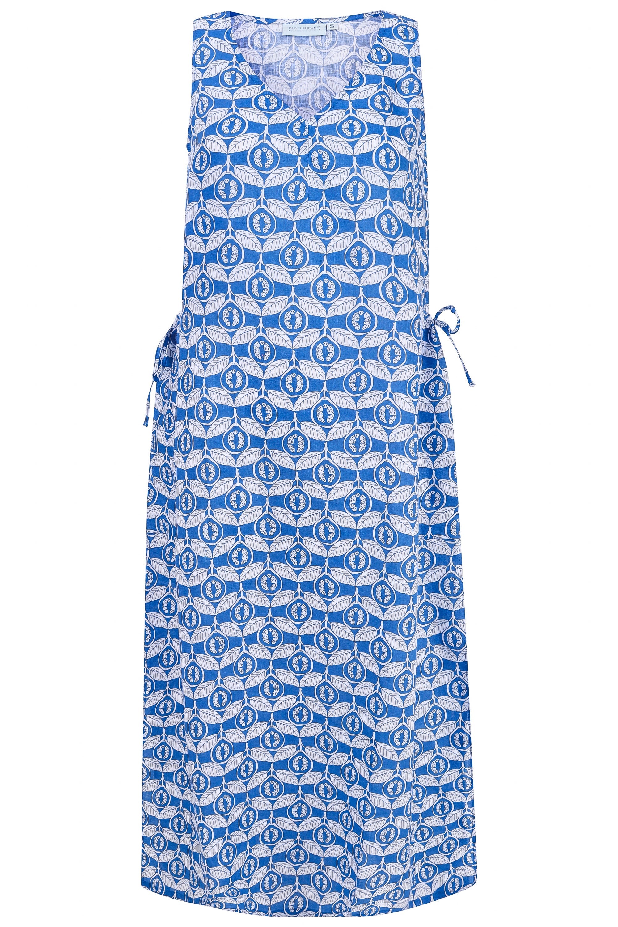 Womens Linen Maxi Sun Dress, Guava blue print by Lotty B Mustique