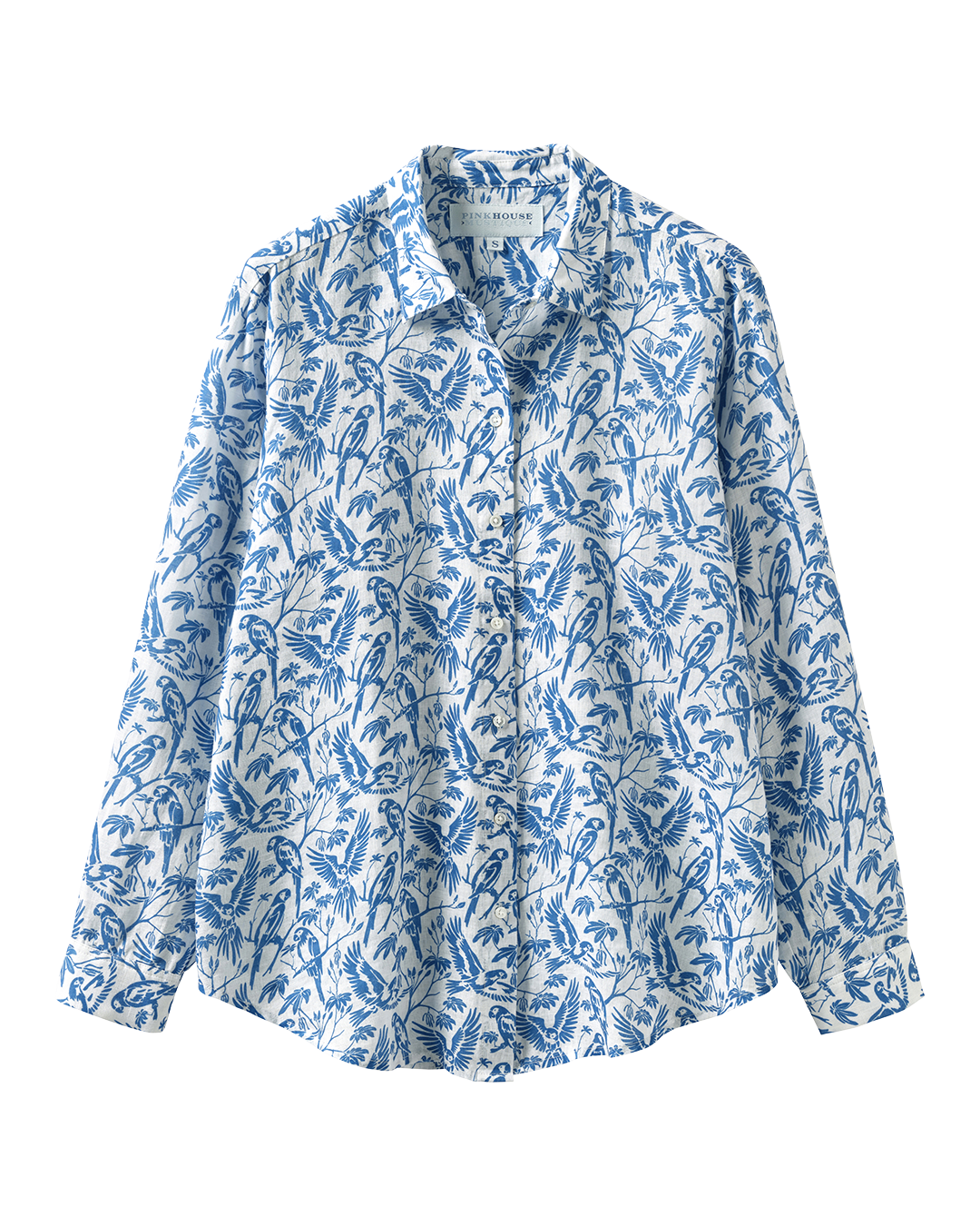 Women's linen shirt cover up in blue Parrot print by designer Lotty B