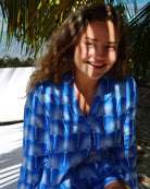 Womens Linen Blouse: FAN PALM PALE BLUE / MID BLUE Mustique style