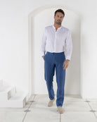 Beach classics casual blue pure linen pants worn with collarless white shirt by Pink House resortwear