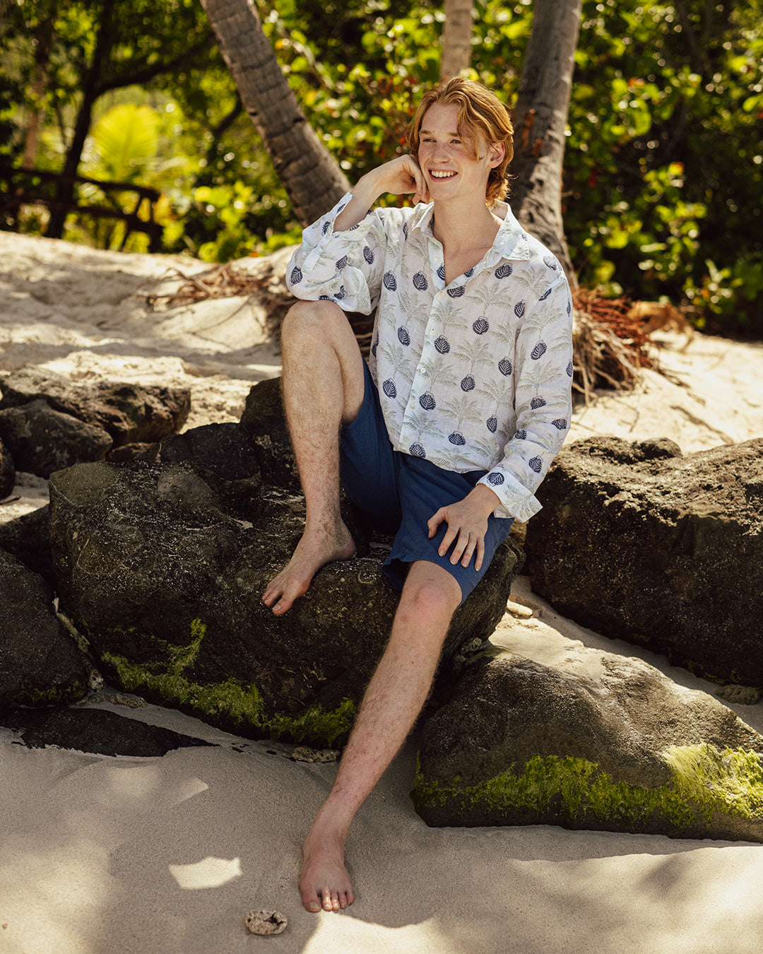 Men's tropical holiday shirt in green and navy blue Potted Palm print 