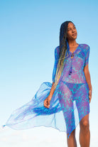 Beach vacation silk kaftan style, Ellie violet & turquiose blue Protea print by Lotty B Mustique