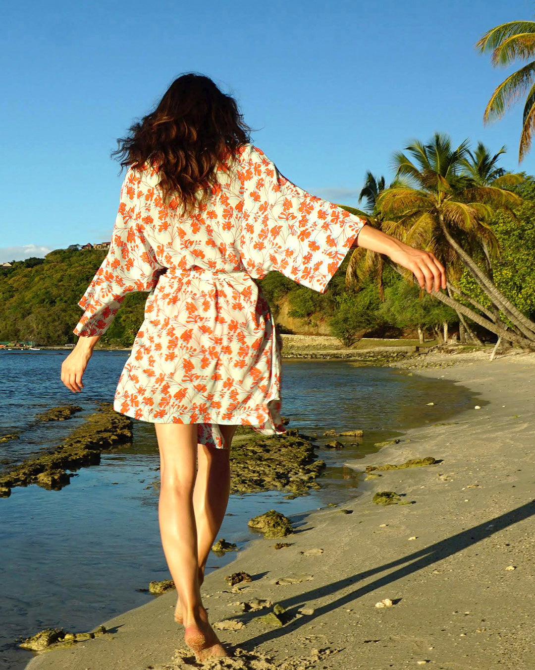 Womens pure silk robe for bed or beach by designer Lotty B Mustique luxury vacation styles