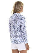 Womens Linen Blouse: FLAMBOYANT FLOWER - NAVY BLUE designer Lotty B Mustique