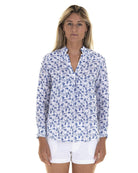 Womens Linen Blouse: FLAMBOYANT FLOWER - NAVY BLUE designer Lotty B Mustique